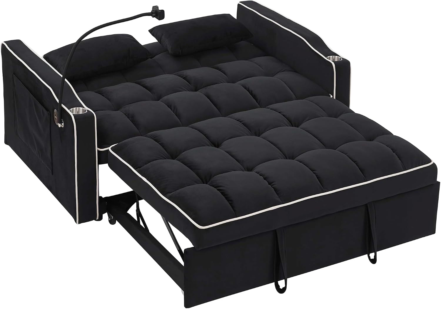 LUMISOL 55.5' Convertible Sleeper Sofa with Pull Out Bed, 3-in-1 Loveseat Sofa with USB Ports, 2 Cup Holders & Storage Pockets, Velvet Sleeper Sofa Bed with Adjustable Backrest, Black