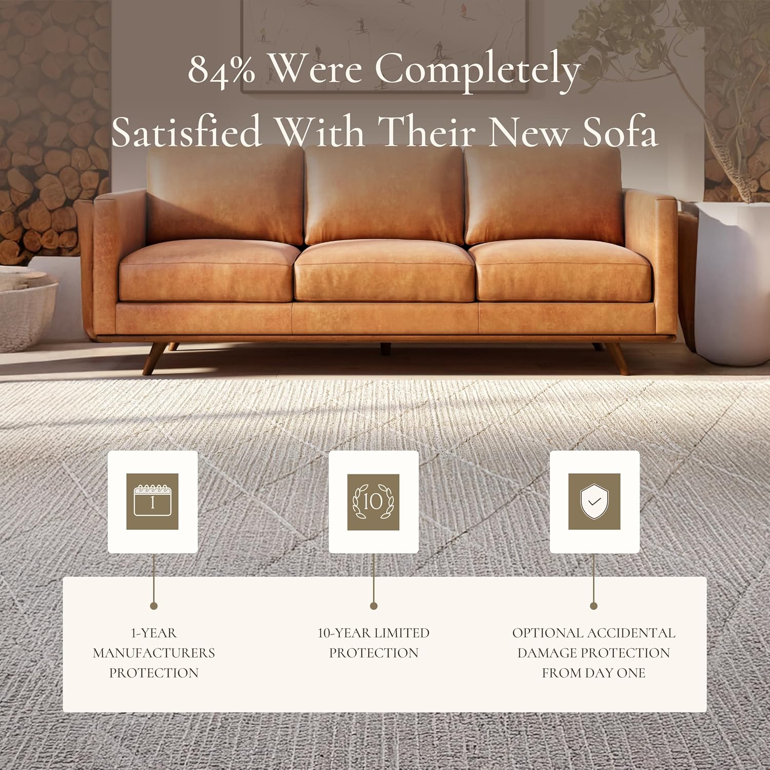 POLY & BARK Nolita 85' Leather Sofa – Full-Grain Italian Aniline Leather, Feather-Down Comfort, Solid Wood Base – Cognac Tan