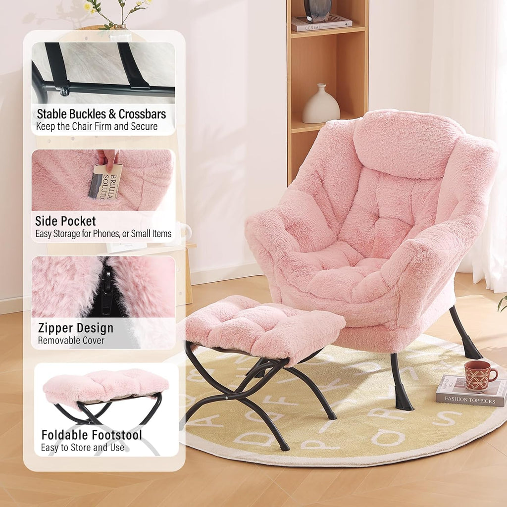 Furlide Lazy Chair with Ottoman, Modern Accent Chair with Armrests and a Side Pocket, Plush Pink Accent Chairs, Reading Chairs, Oversized Armchairs for Bedroom, Study, Living Room, Courtyard