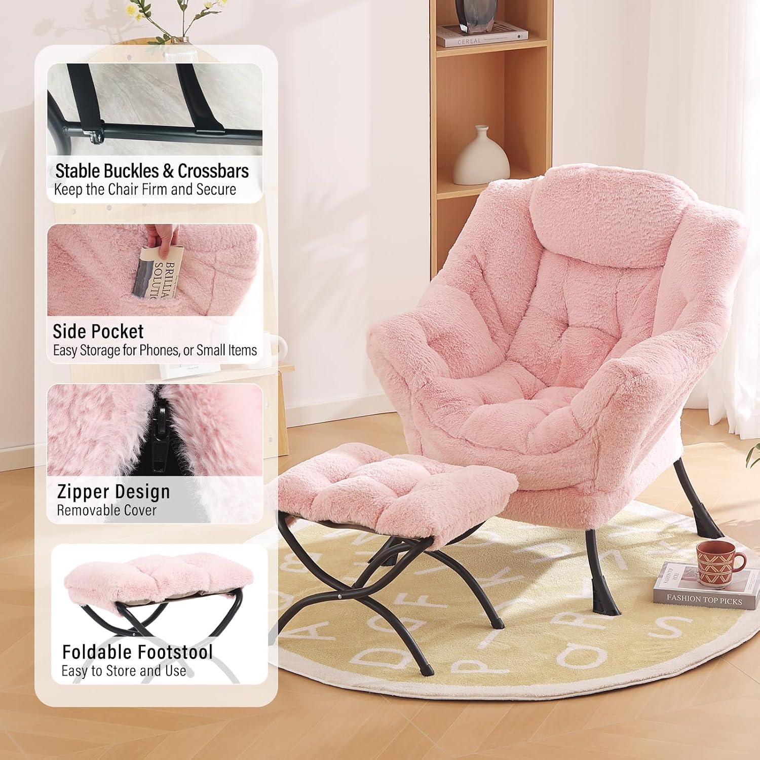 Furlide Lazy Chair with Ottoman, Modern Accent Chair with Armrests and a Side Pocket, Plush Pink Accent Chairs, Reading Chairs, Oversized Armchairs for Bedroom, Study, Living Room, Courtyard