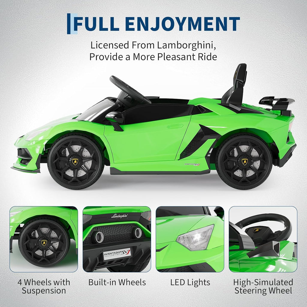 Garvee 12V Kids Electric Car with Remote Control, LED Lights & Sound System - Licensed Lamborghini Battery Powered Ride-On Toy for Boys & Girls (Green)