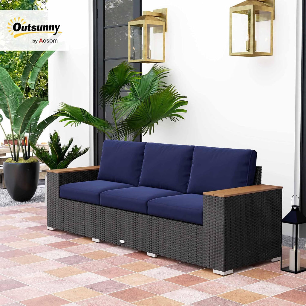Outsunny 3-Seat Outdoor Patio Sofa with 24.5' Extra Wide Deep Seats, PE Wicker Sofa with Wide Wood Effect Armrests and 4' Cushions, Rattan Outdoor Couch for Porch, Garden, Poolside, Navy Blue