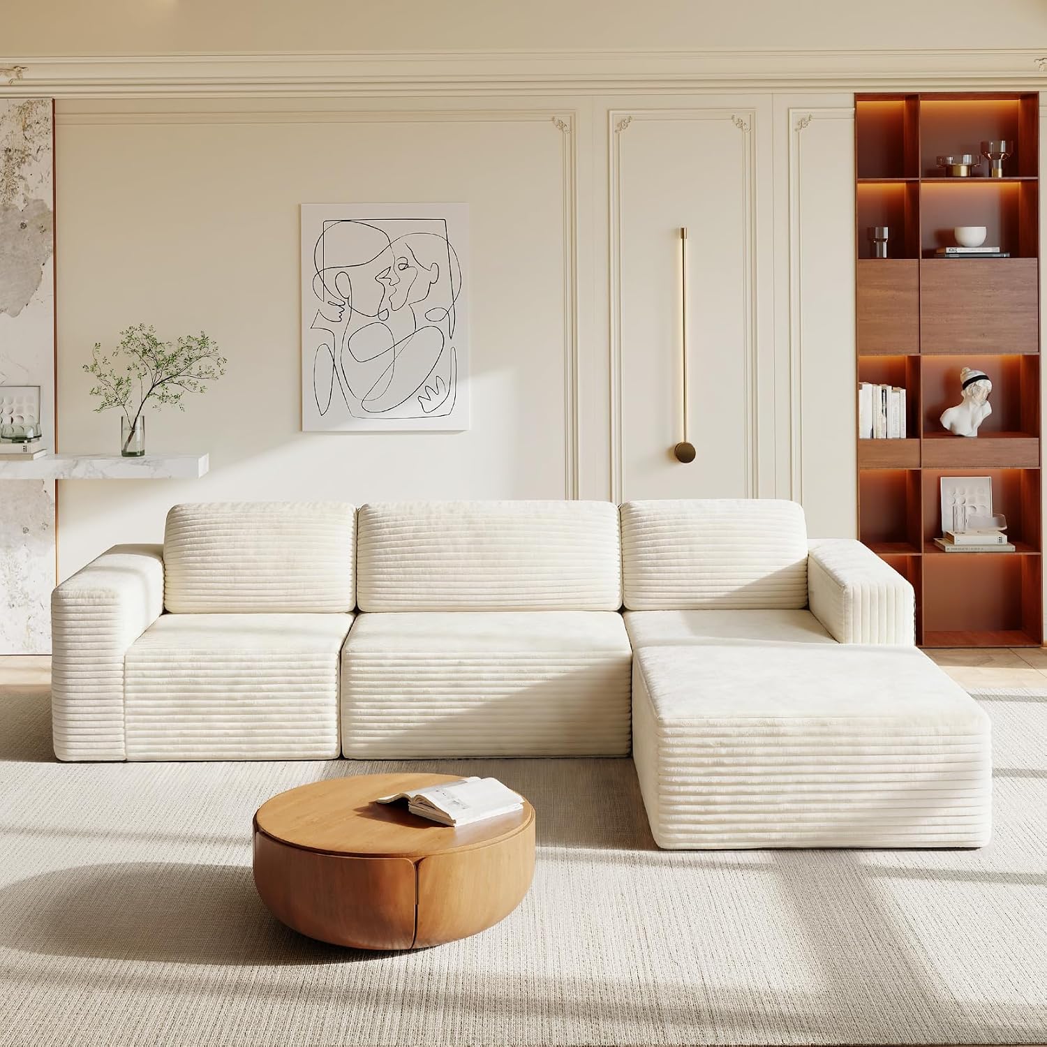Vesgantti 119' L-Shaped Modular Sectional Sofa, Corduroy Cloud Couch with Deep Seating & Spring Support, Flexible Layout Sofa with Ottoman, Boneless Style, No Assembly Required, Beige