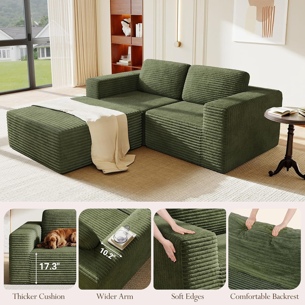 Vesgantti 80' Modular Sectional Sofa, Corduroy Cloud Couch with Deep Seats & Spring Support, Compact 2 Seater Boneless Couch, L-Shaped Modular Sofa for Small Spaces, Apartments, No Assembly, Green