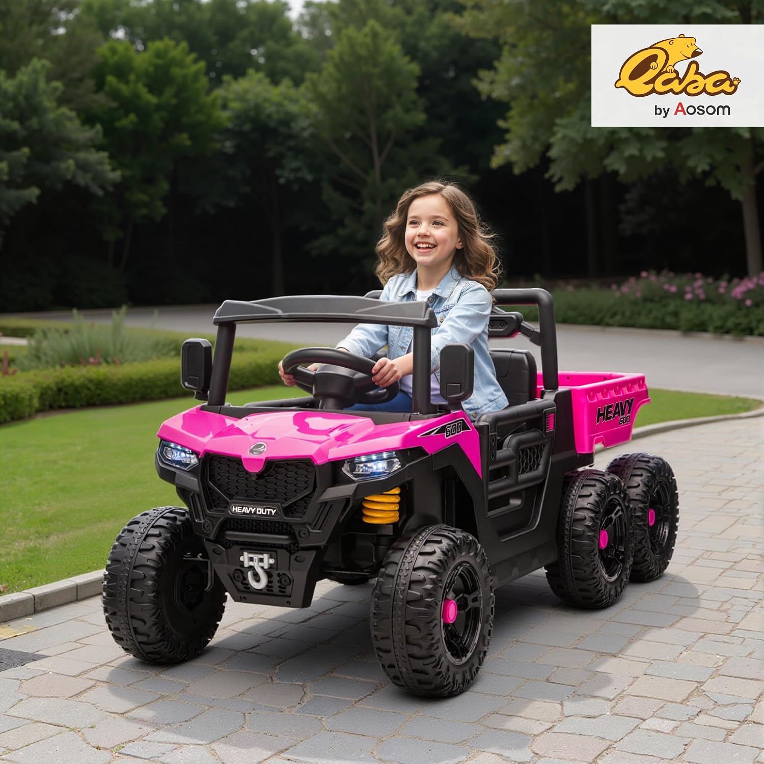 Qaba 24V Kids Ride On Car with 6 Wheels, 4WD Electric Ride On Dump Truck with Remote Control, Wheel Suspension, Off-Road UTV with LED Lights, Horn and Music for Kids 3-6 Years Old, Pink