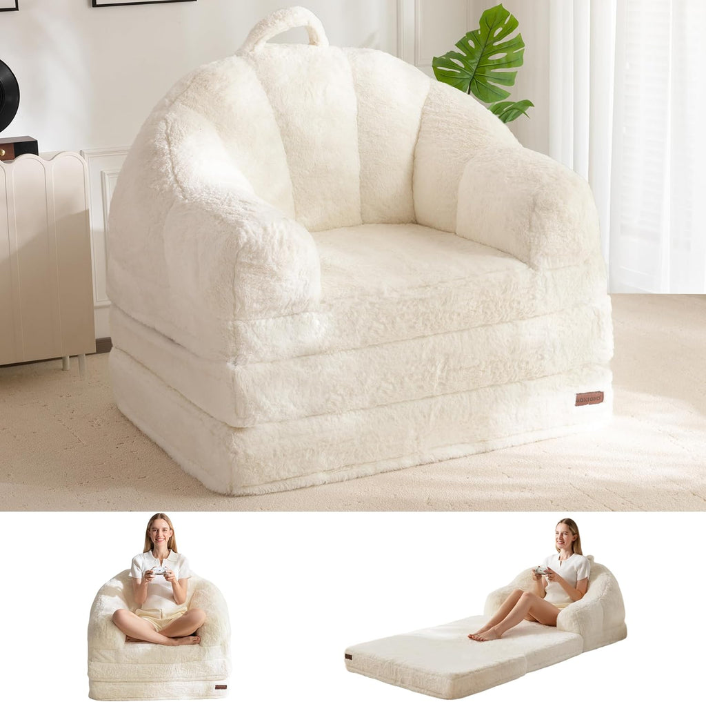 MAXYOYO Folding Sofa Bed, 2 in 1 Convertible Sofa to Lounger Comfy Single Bean Bag Chair for Adults, Floor Sleeper Couch with Handle, Faux Fur Couch Bed for Living Room Bedroom, Beige