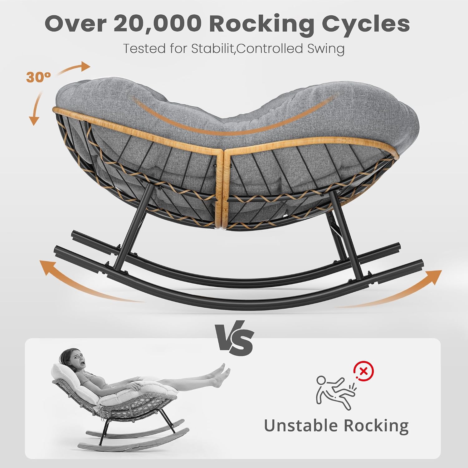 Easyego Oversized Papasan Rocking Chair Indoor Outdoor Use, Comfortable Wicker Rocker with Cozy Thicken Cushion for Deck, Balcony, Poolside, Lawn, Bedroom, Living Room, Dark Grey