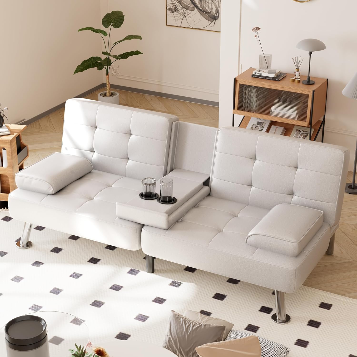 Shahoo Convertible Folding Futon Sofa Bed Sleeper Couch for Living Room Faux Leather Upholstered Loveseat w/Removable Armrests, Metal Legs, 2 Cup Holders, White