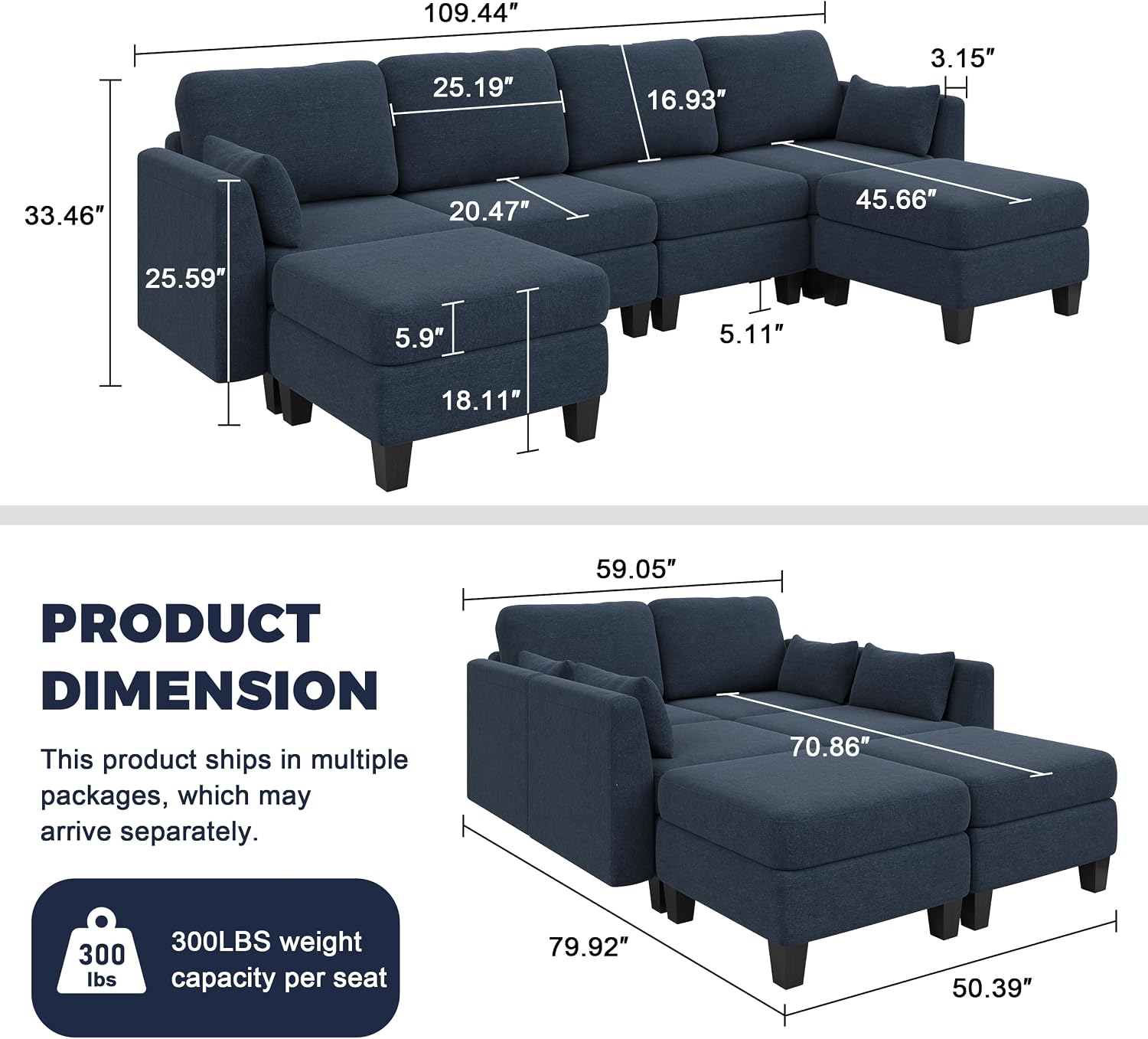 Modular Sectional Sofa, 6 Seaters Modular Sleeper Sofa Couch, Comfy Sectionals Couches Bed, Convertible Sofas with Ottomans, Sectional Couches for Living Room, Blue