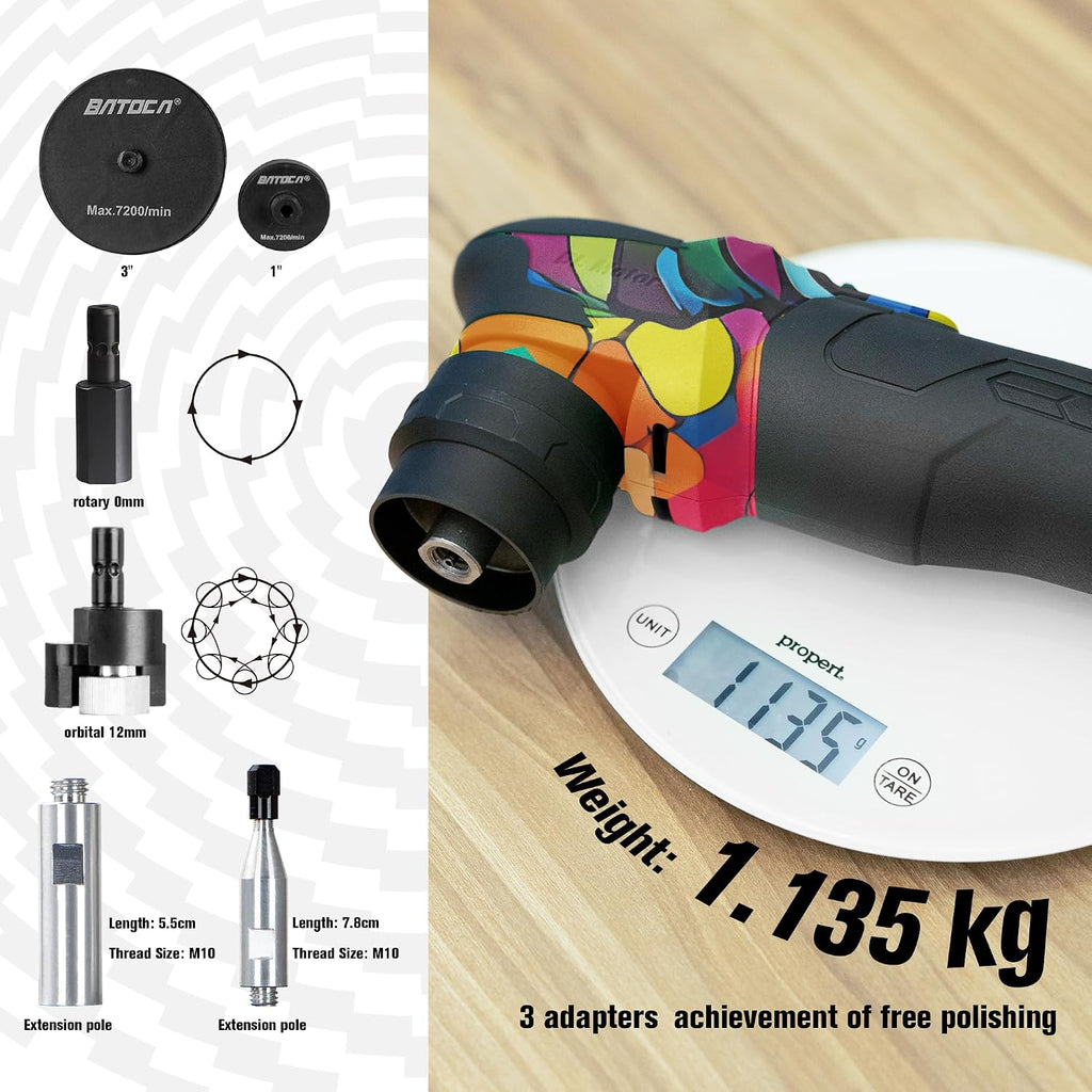 BATOCA S4 Cordless Multi-Polisher-Set, with 2Pcs 12V 2.5Ah Batteries, RO&DA Car Buffer Polisher, 1&3inch Mini Brushless Polisher for Car Detailing, Graffiti Style