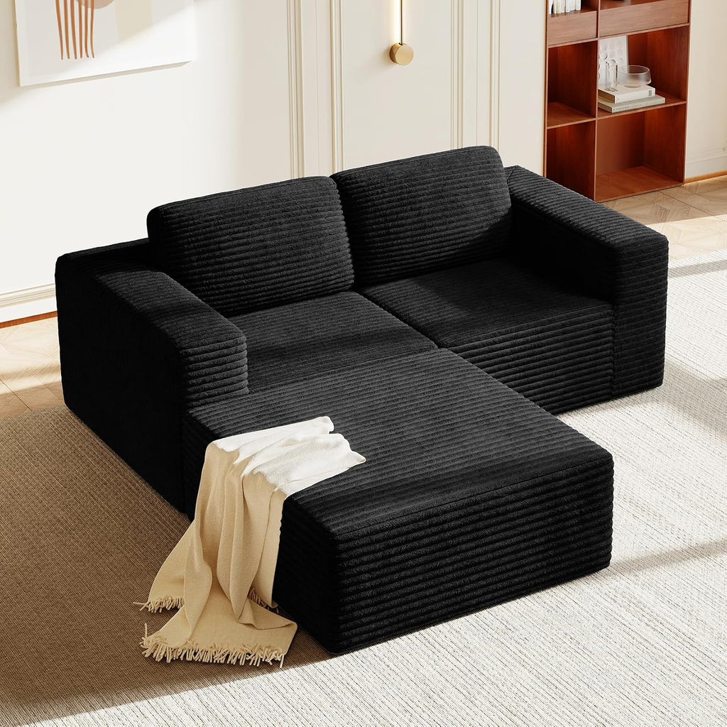 Vesgantti 80' Modular Sectional Sofa, Corduroy Cloud Couch with Deep Seats & Spring Support, Compact 2 Seater Boneless Couch, L-Shaped Modular Sofa for Small Spaces, Apartments, No Assembly, Black