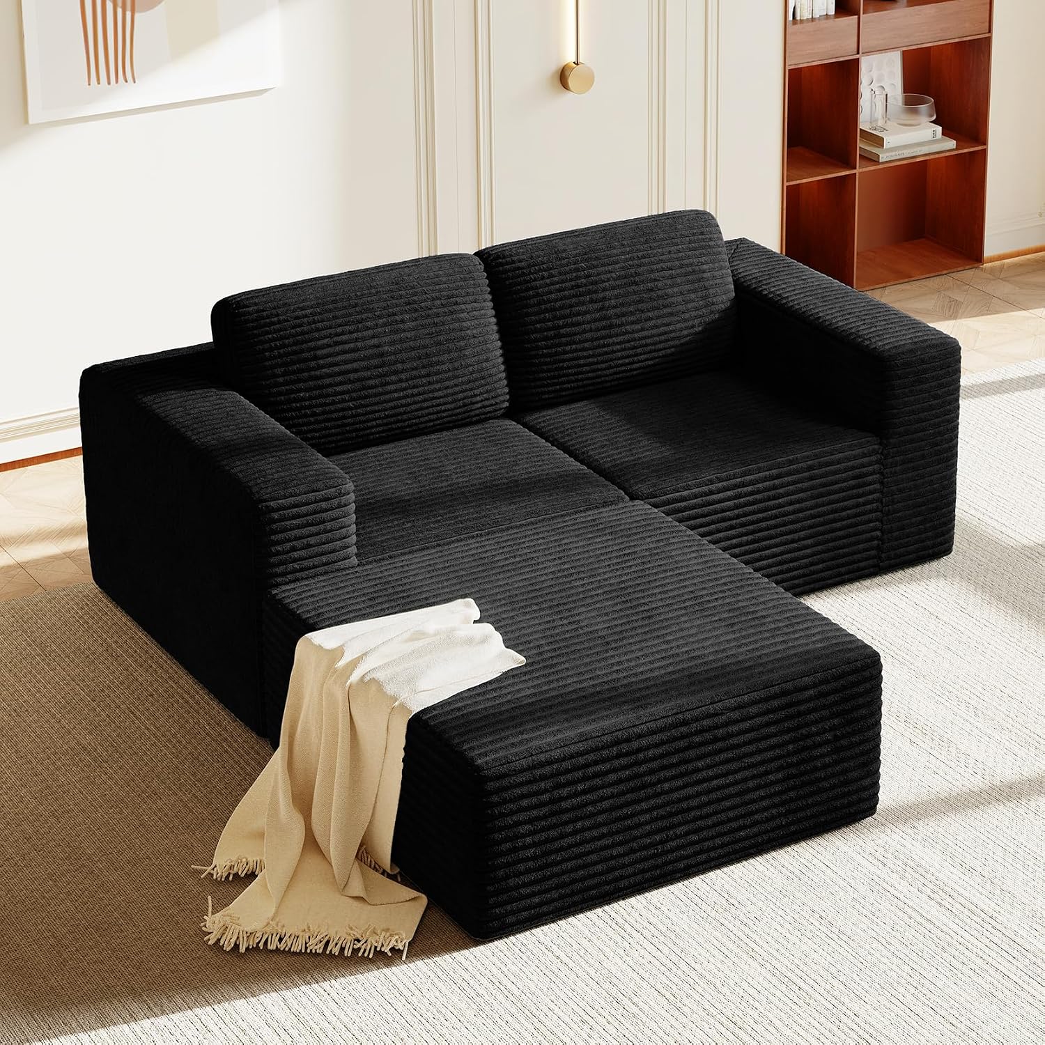 Vesgantti 80' Modular Sectional Sofa, Corduroy Cloud Couch with Deep Seats & Spring Support, Compact 2 Seater Boneless Couch, L-Shaped Modular Sofa for Small Spaces, Apartments, No Assembly, Black