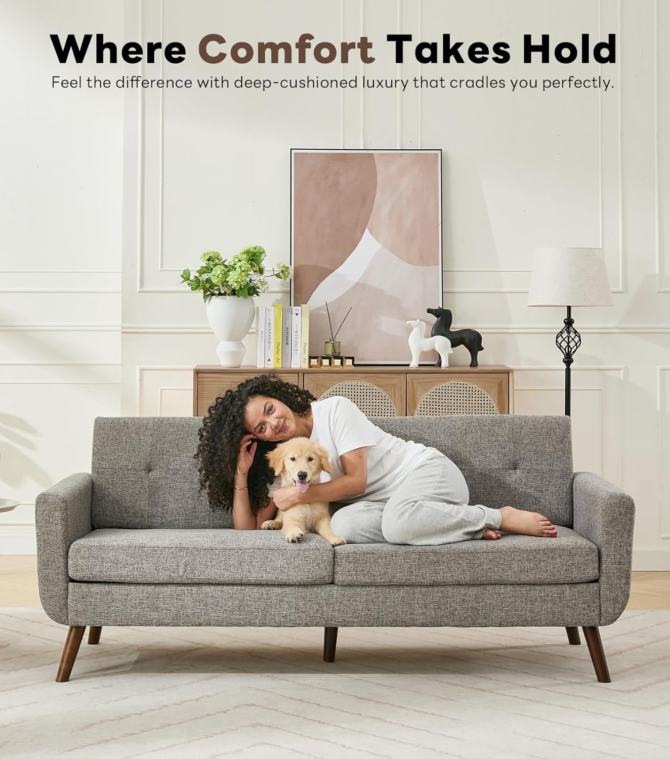 Tbfit 77.2' W Linen Sofa Couch, Mid Century Modern Decor Loveseat Couches for Living Room, Button Tufted Upholstered Small Couch for Bedroom, Solid, and Easy to Install Love Seats Furniture, Grey