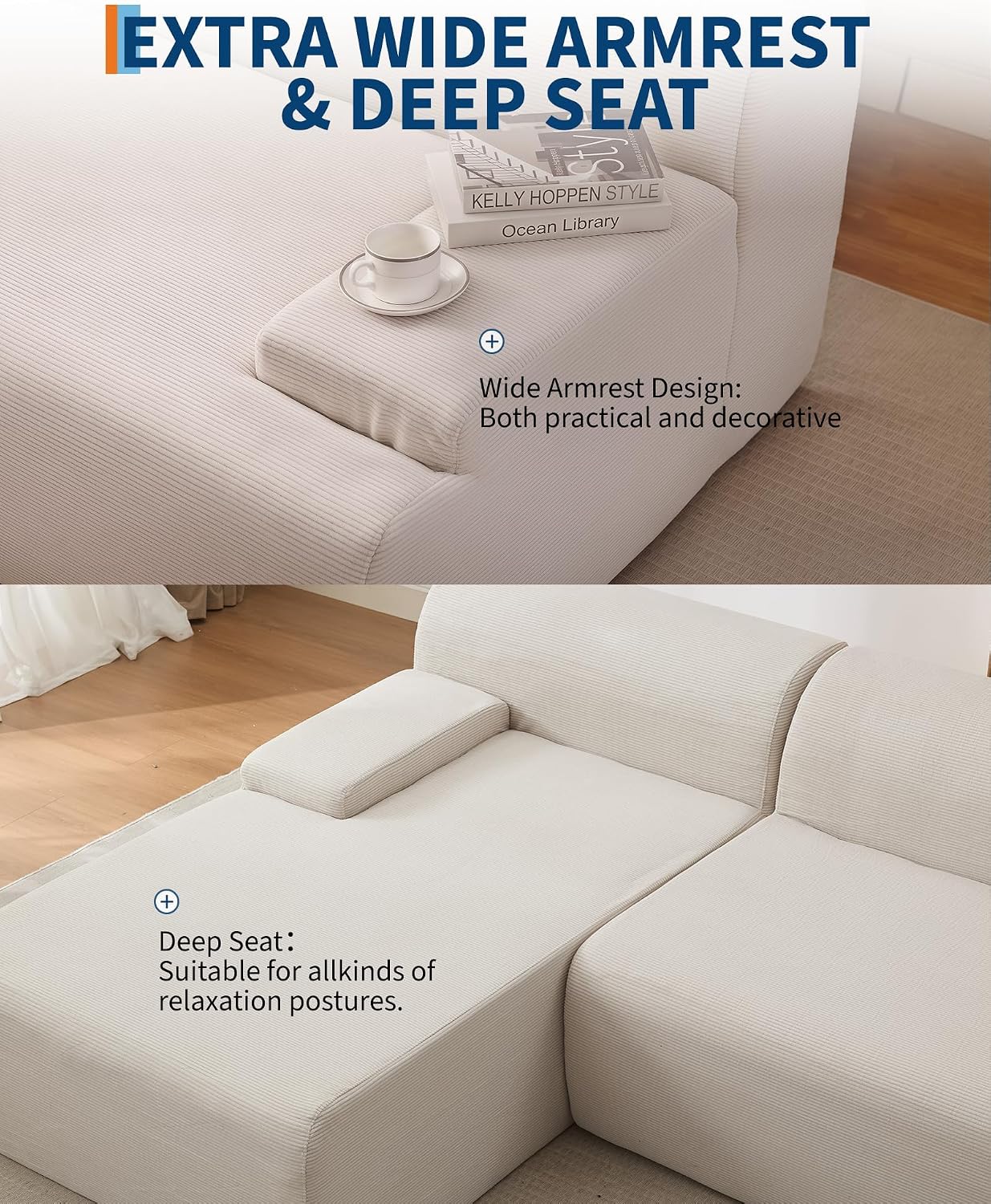Garvee 107'' Modular Sectional Sofa, Left Facing Chaise L-Shaped Boneless Couch, Ultra Deep Seat Modern Sectional Sofa for Living Room, 5mm Wale Corduroy Fabric, Beige