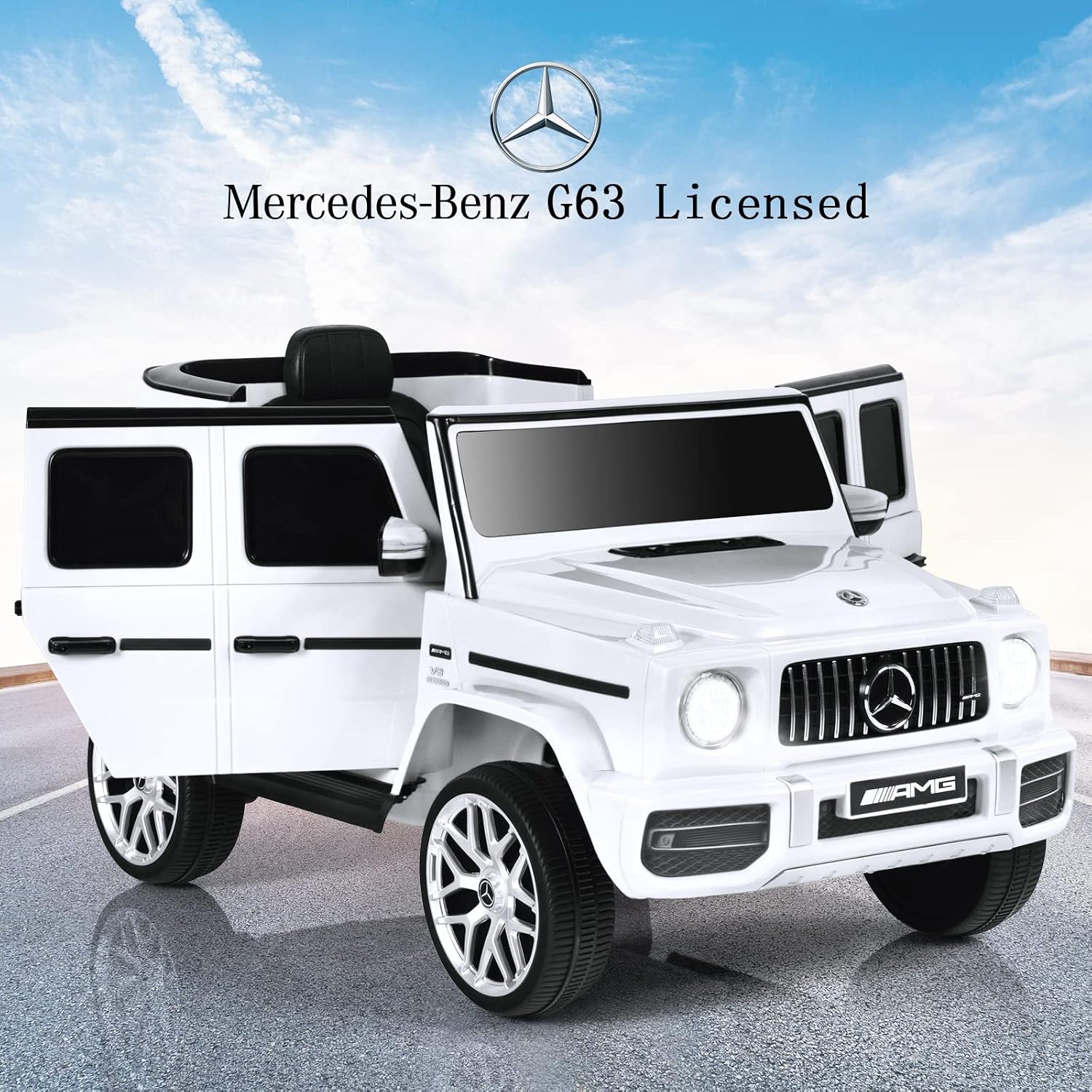 INFANS Licensed Mercedes Benz G63 Kids Ride On Car, 12V Electric Vehicle with Remote Control, Double Open Doors, Music, Bluetooth, Wheels Suspension, Battery Powered for Children Boy Girl (White)