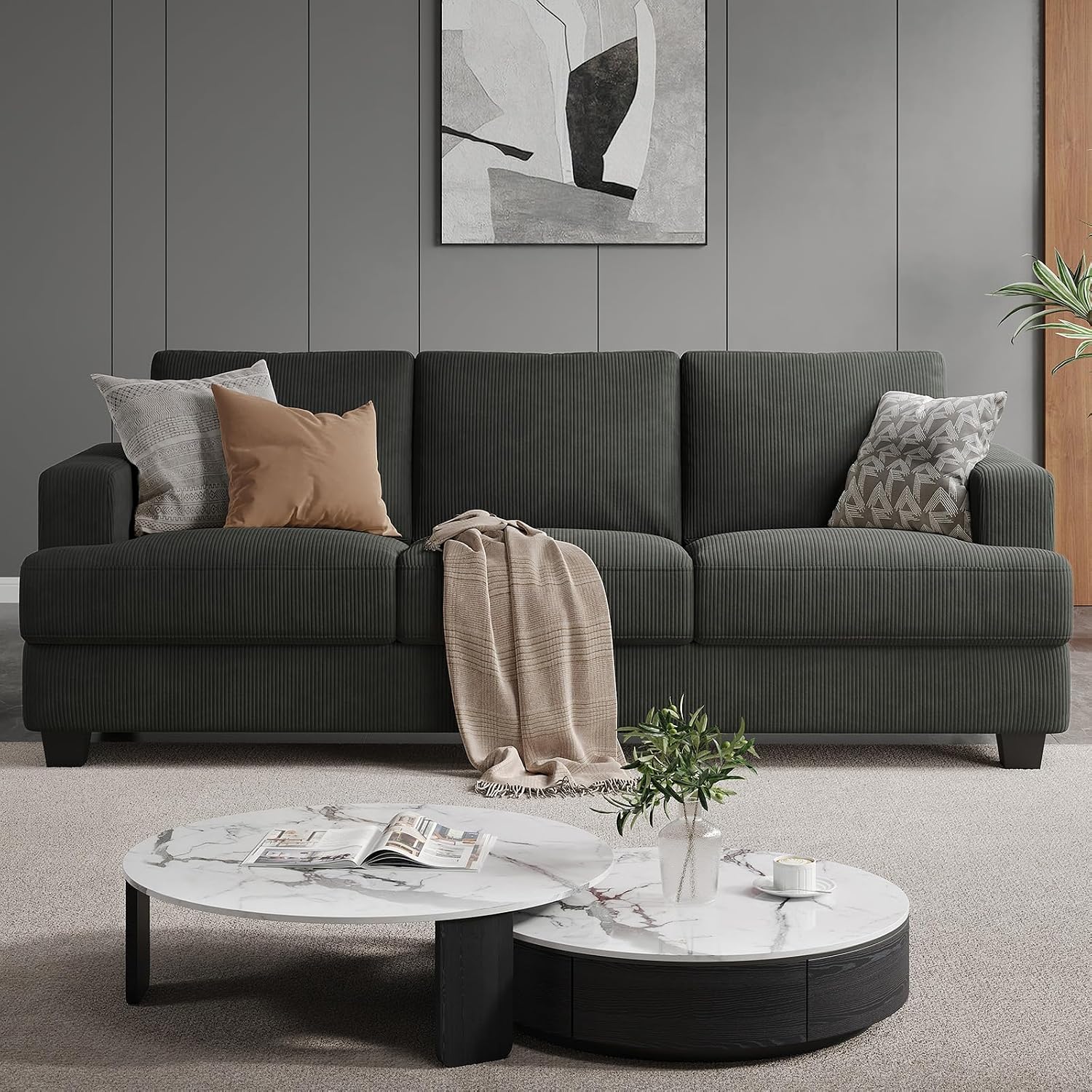 COPIAE 89 Inch Sofa with Extra Deep Seats Oversize, 3 Seater Sofa for Living Room, Modern Couch and Sofa, Comfy Armrests and Seats and Backrests, Easy Installation, Corduroy Fabric Grey