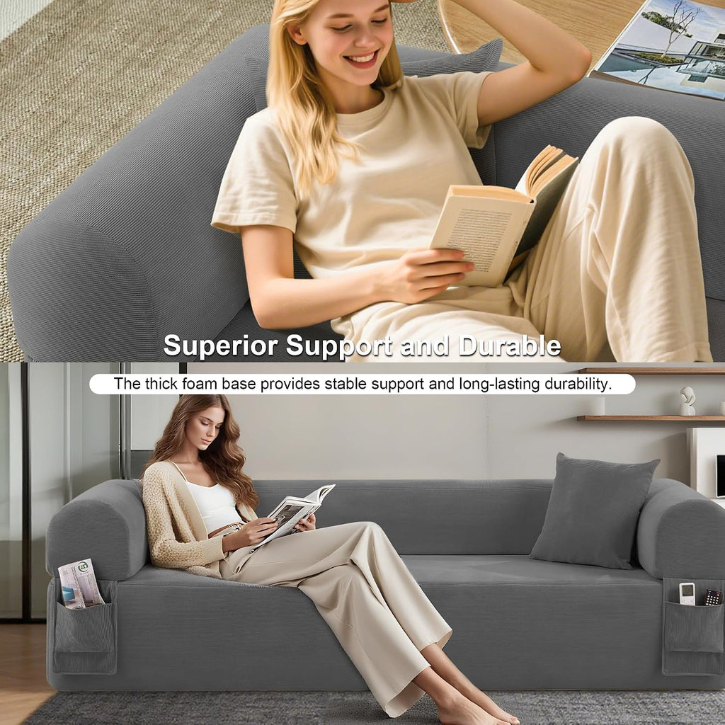83'' Boneless Sofa in A Box, 3-Seater Floor Sofa No Assembly Corduroy Couch for Living Room, Cloud Couch with 2 Pillows & Storage Bag, Memory Foam Small Floor Couches for Office, Dark Gray