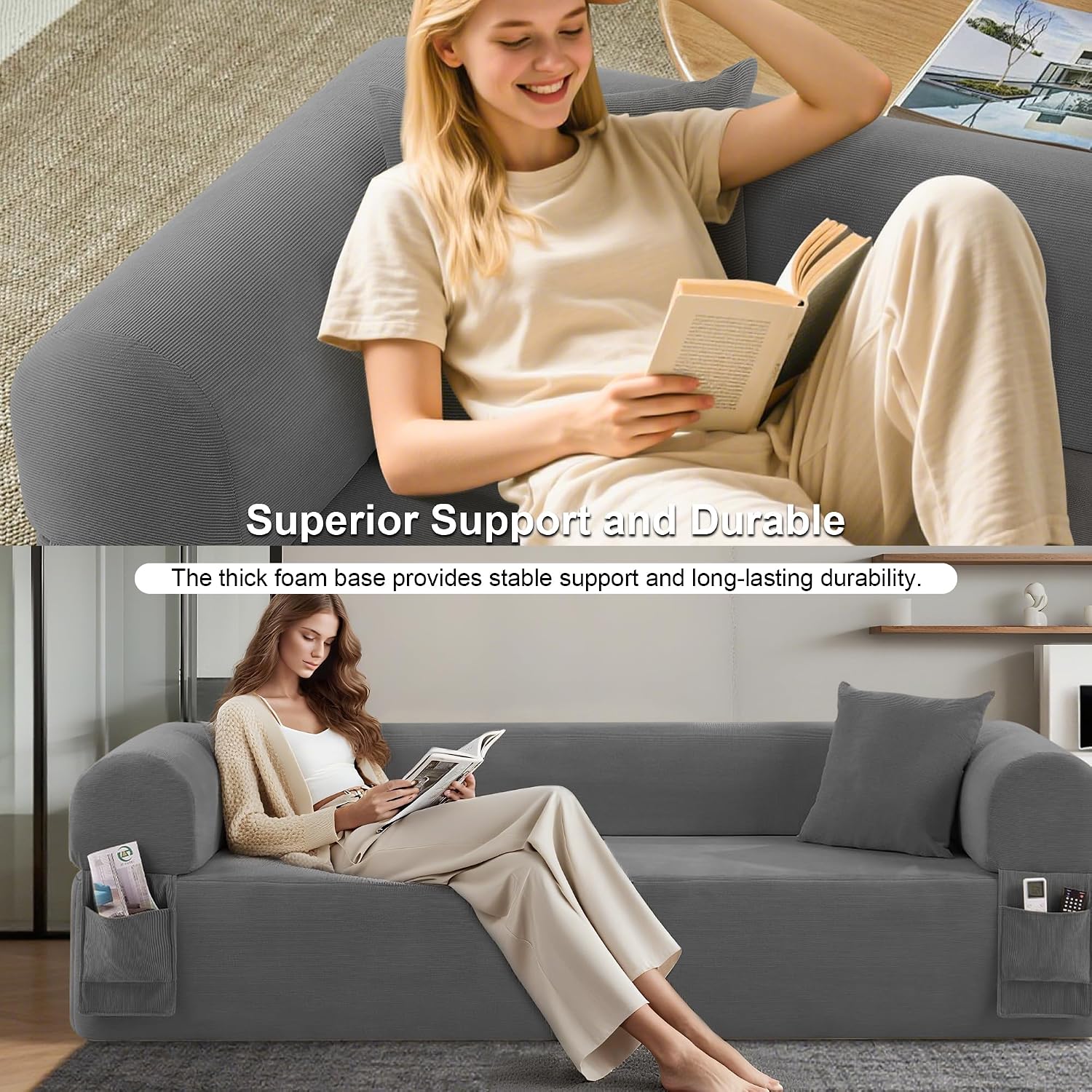 83'' Boneless Sofa in A Box, 3-Seater Floor Sofa No Assembly Corduroy Couch for Living Room, Cloud Couch with 2 Pillows & Storage Bag, Memory Foam Small Floor Couches for Office, Dark Gray