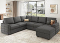 HONBAY Sectional Sleeper Sofa with Pull Out Bed U-Shape Sectional Couch Sleeper Bed with Storage Chaise 6 Seater Sleeper Sectional Sofa, Light Grey