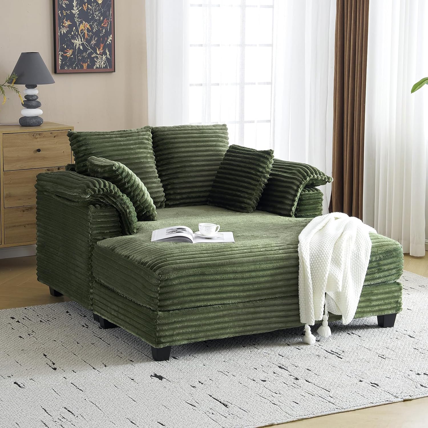 VINGLI Lounge Chair, 56' Oversized Reading Chair Corduroy Chaise Sofa Recliner Bed Upholstered Comfy Sleeper Couch with Throw Pillows and Armrests for Living Room, Movie Room, Bedroom