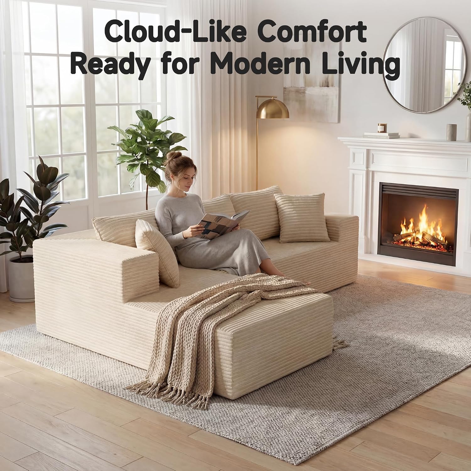 Bashaw 108' Modular Sectional Sofa Couches with Chaise, L-Shape Boneless Couch Deep Seat Upholstered Boneless Sectional Couch for Living Room (Beige, 108' Left Facing Chaise)