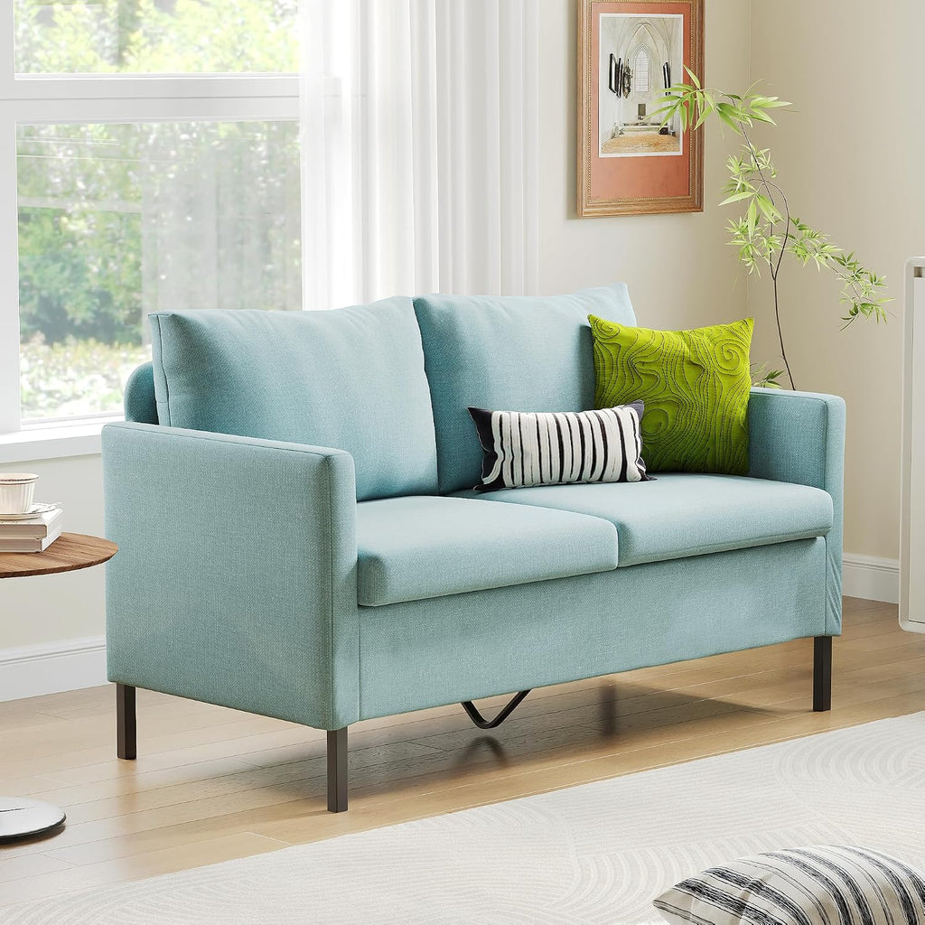 TYBOATLE 51' W Linen Fabric Upholstered Modern Loveseat Sofa Couch for Living Room, Love Seats 2-Seater Furniture w/Iron Legs for Compact Space, Apartment, Bedroom, Dorm, Office, Aqua Blue