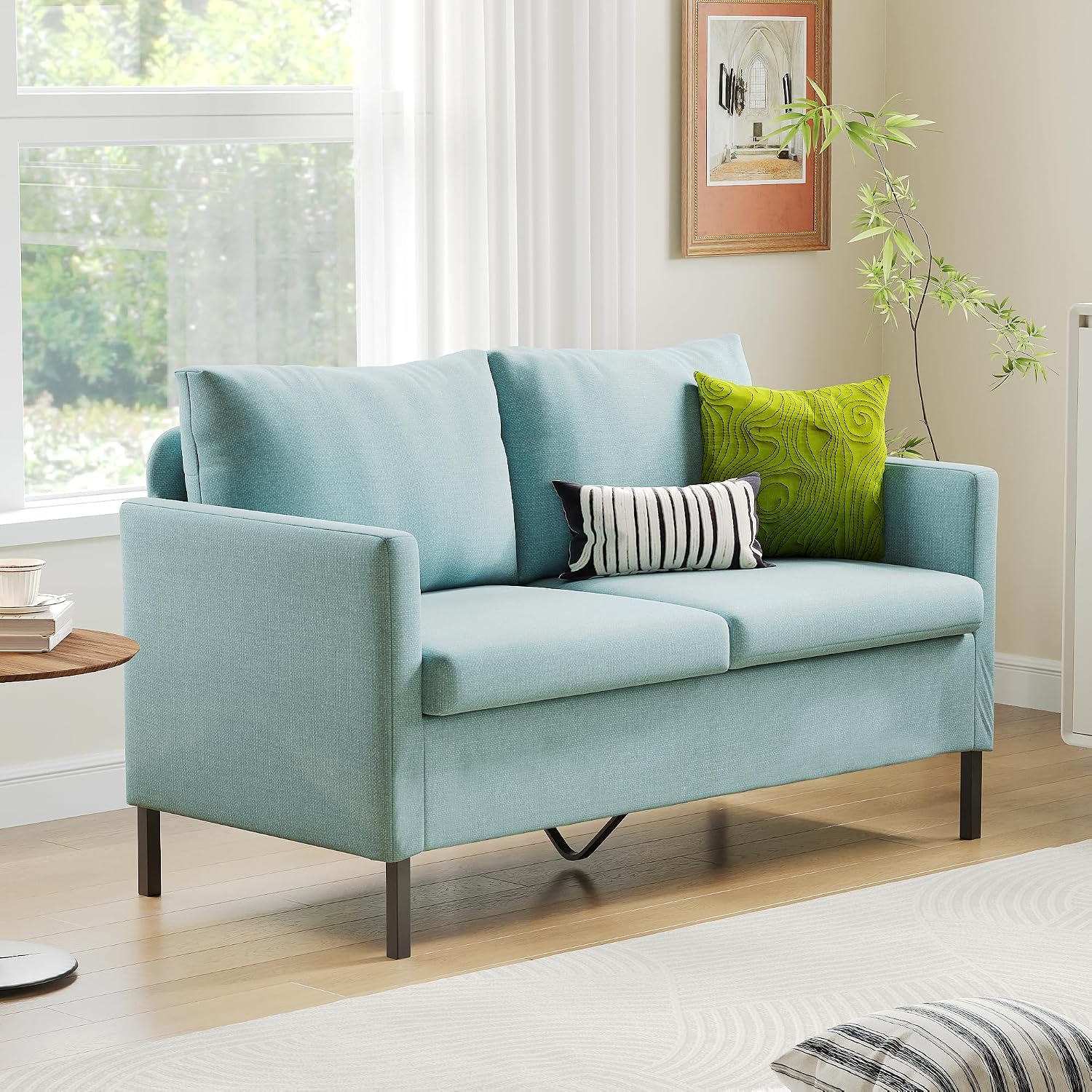 TYBOATLE 51' W Linen Fabric Upholstered Modern Loveseat Sofa Couch for Living Room, Love Seats 2-Seater Furniture w/Iron Legs for Compact Space, Apartment, Bedroom, Dorm, Office, Aqua Blue