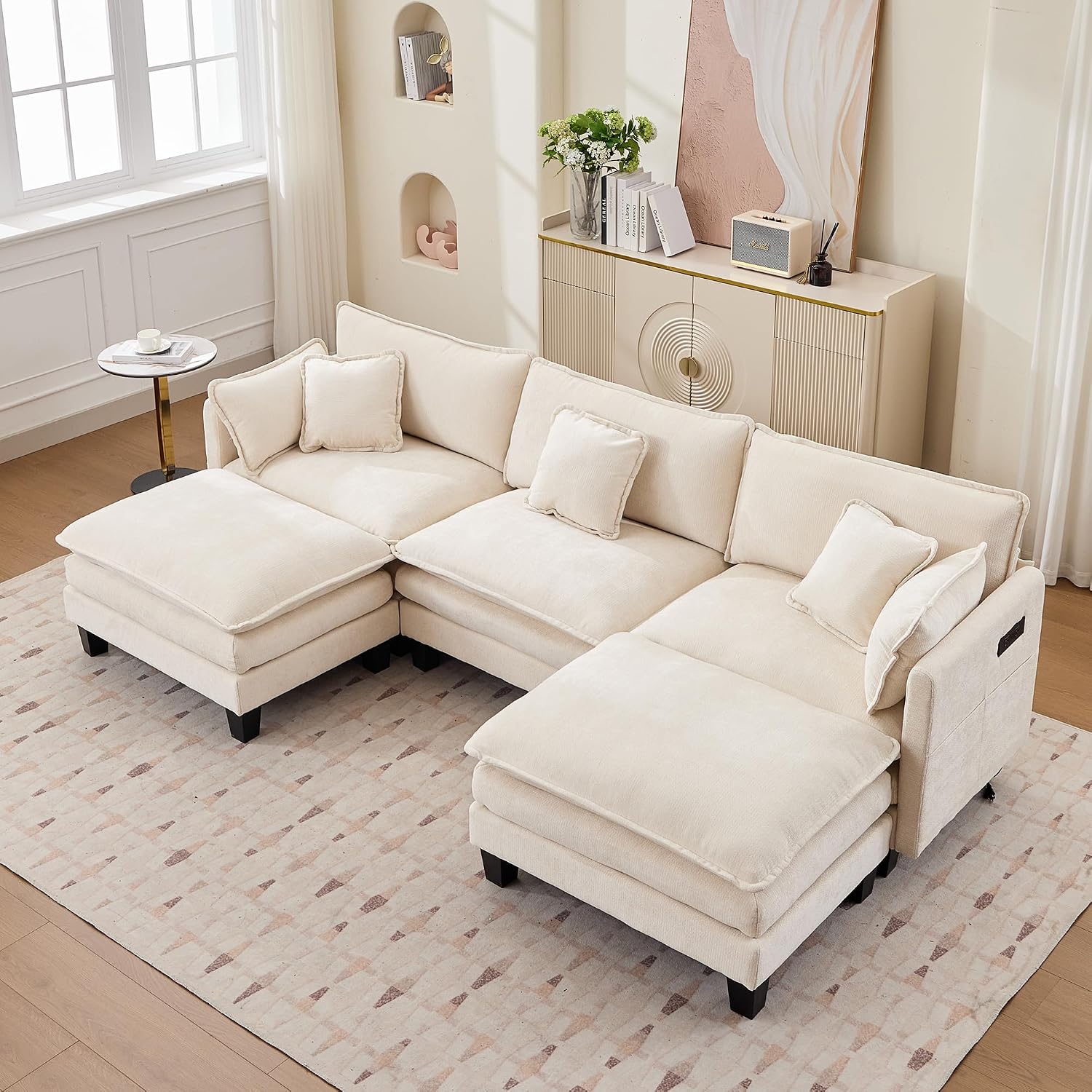 Opiesit Modular Sectional Sofa with Movable Ottoman, 110' 5-Seat Modern Couches for Living Room, Comfy U Shaped Couch Set with Deep Seat for Office and Apartment, Beige Chenille Fabric