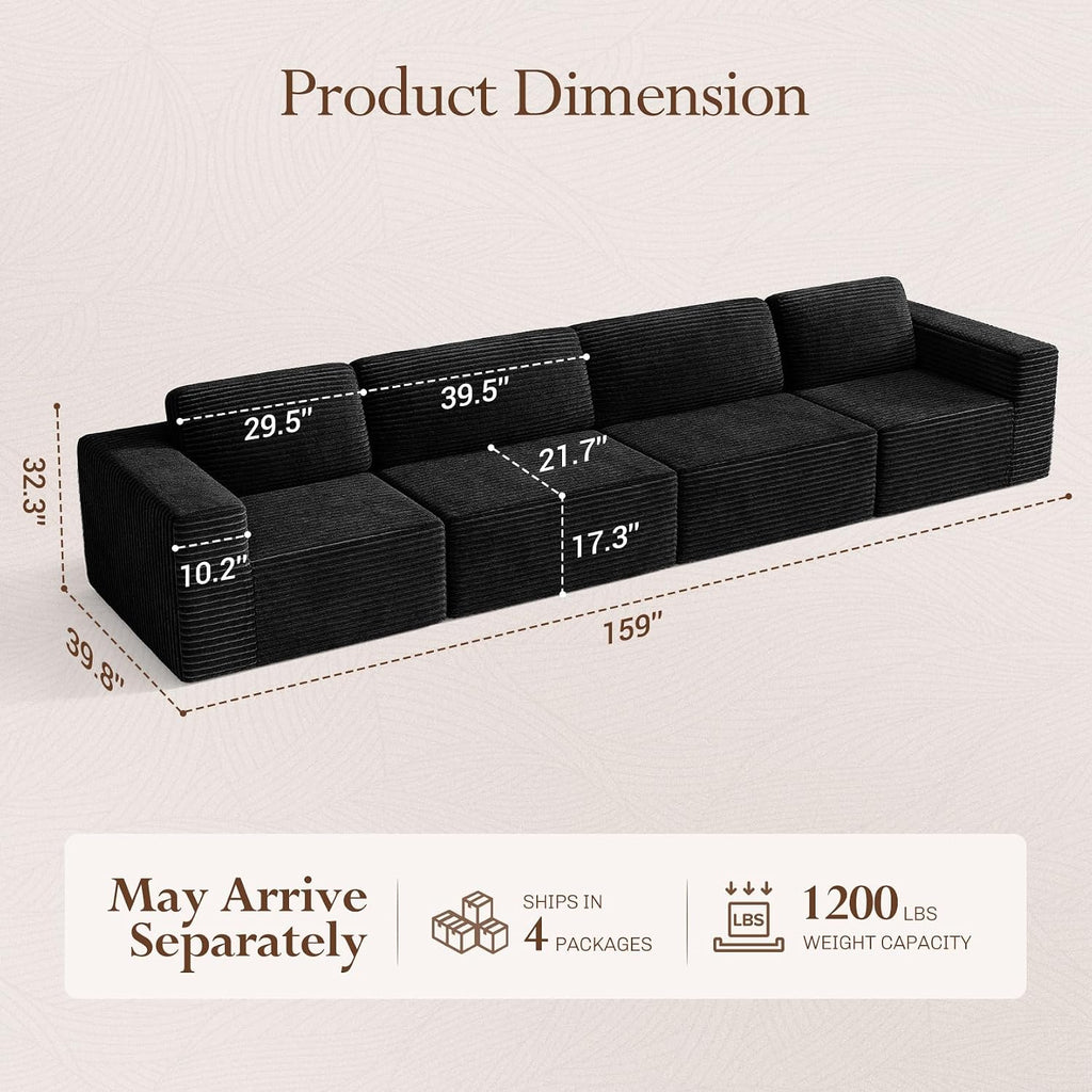 Vesgantti 159' Modular Sectional Sofa, Corduroy Cloud Couch with Extra Deep Seats & Spring Support, Flexible Layout 4-Seater Boneless Couch, No Assembly Required, Black