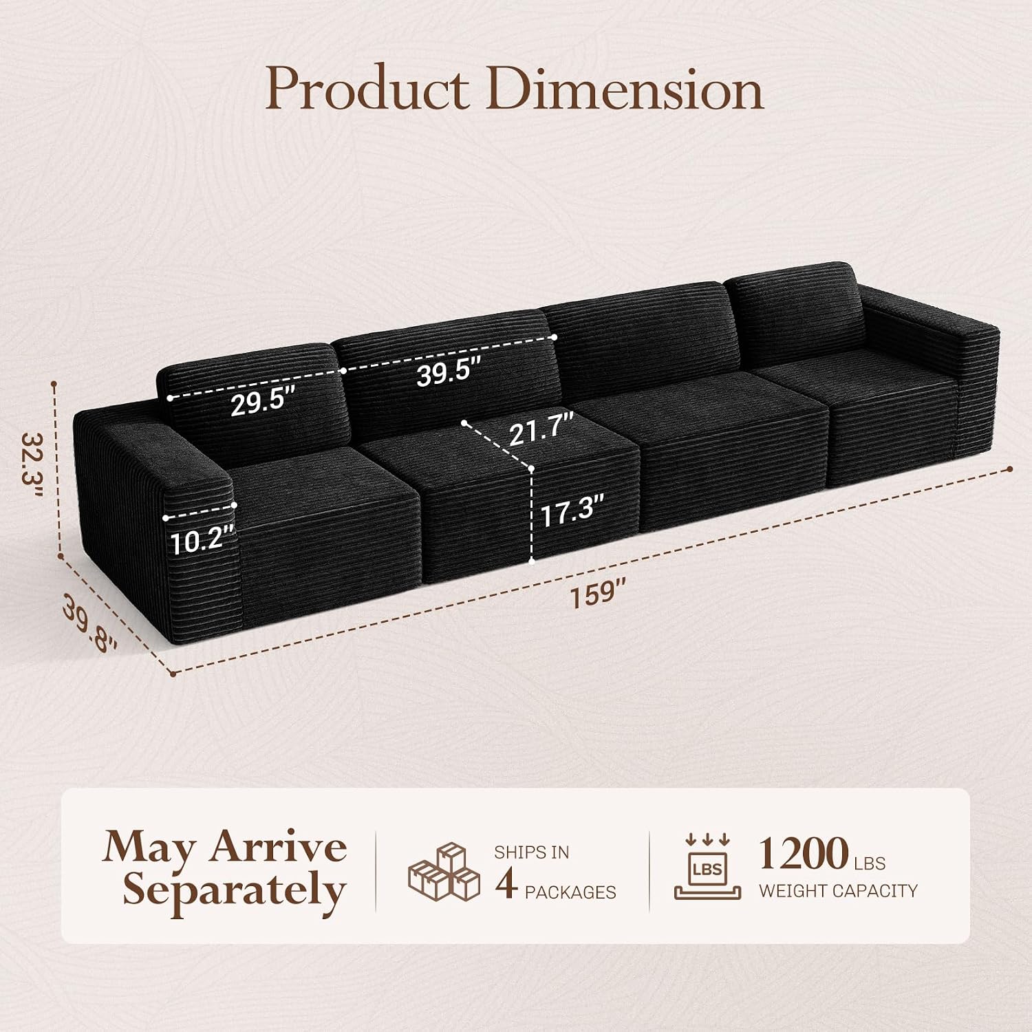 Vesgantti 159' Modular Sectional Sofa, Corduroy Cloud Couch with Extra Deep Seats & Spring Support, Flexible Layout 4-Seater Boneless Couch, No Assembly Required, Black
