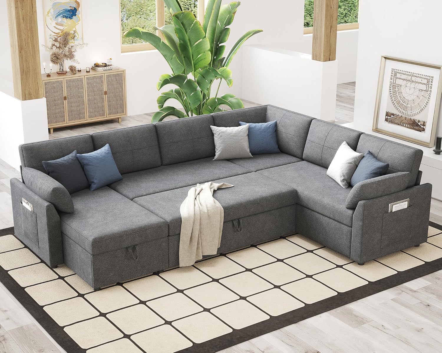 VanAcc Pull Out Sofa, 112 Inch Oversized U Shape Sleeper Sofa Couch with Storage Chaise & 3 Seater, Comfy Couch with Pull Out Bed for Living Room, Grey Linen
