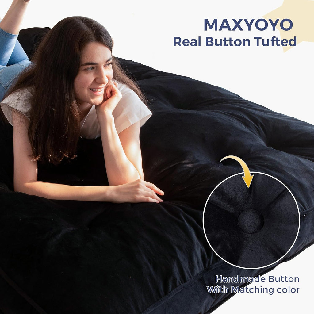 MAXYOYO 6' Futon Mattress Full Size, Velvet Thick Futons Sofa Couch, Versatile Floor Mattress for Adults, Shredded Foam Filling (Frame Not Included), Black