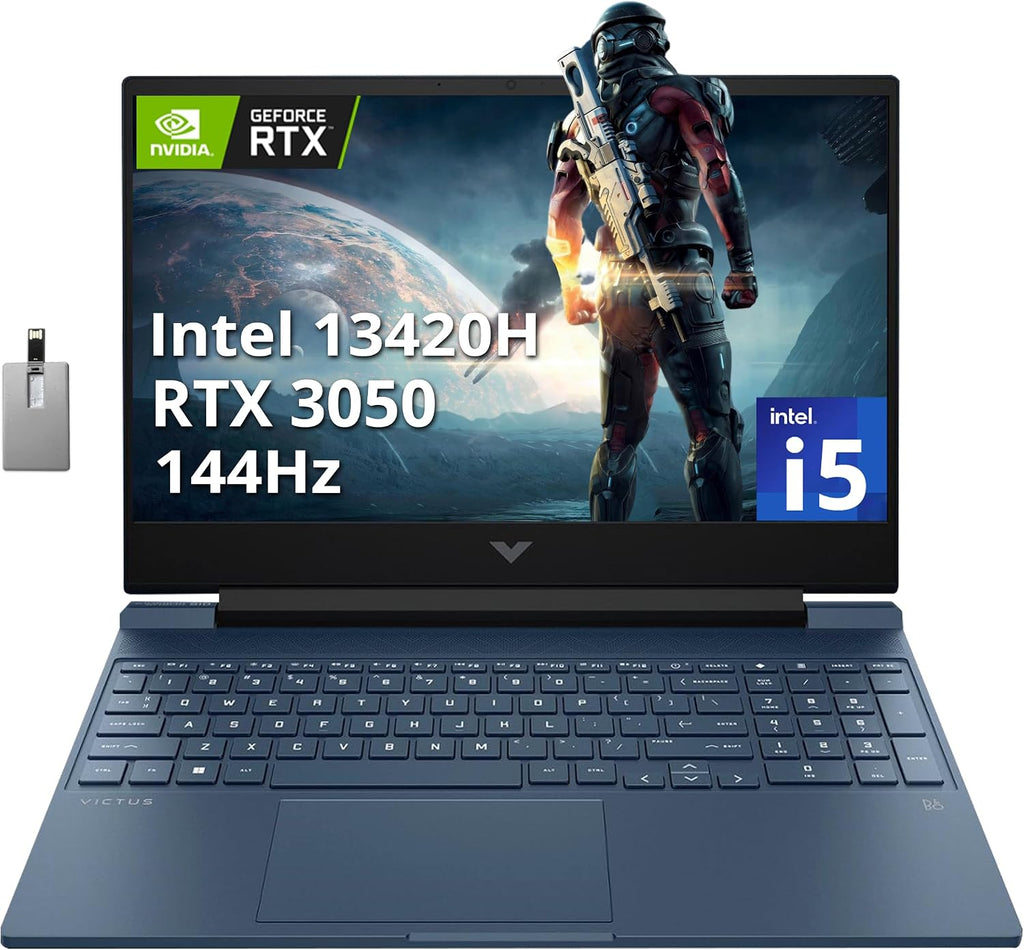 HP Victus Gaming Laptop, 15.6' FHD 144Hz IPS Display, Intel Core i5-13420H, 16GB RAM, 512GB PCIe SSD, NVIDIA GeForce RTX 3050, Backlit Keyboard, Wi-Fi 6, Win 11 Pro, Blue, 32GB Hotface USB Card