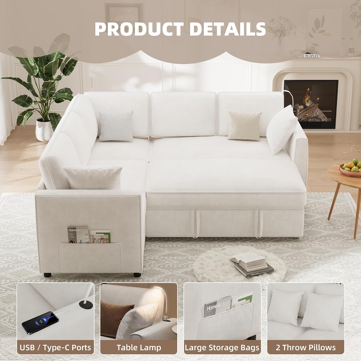 EROMMY 87' Sectional Sofa Couch with Pull Out Bed, 5 Seat L Shaped Pull Out Couch Bed with USB Ports, Velvet Modular Sleeper Sofa Bed with 2 Throw Pillows, Large Sectional Couches for Living Room