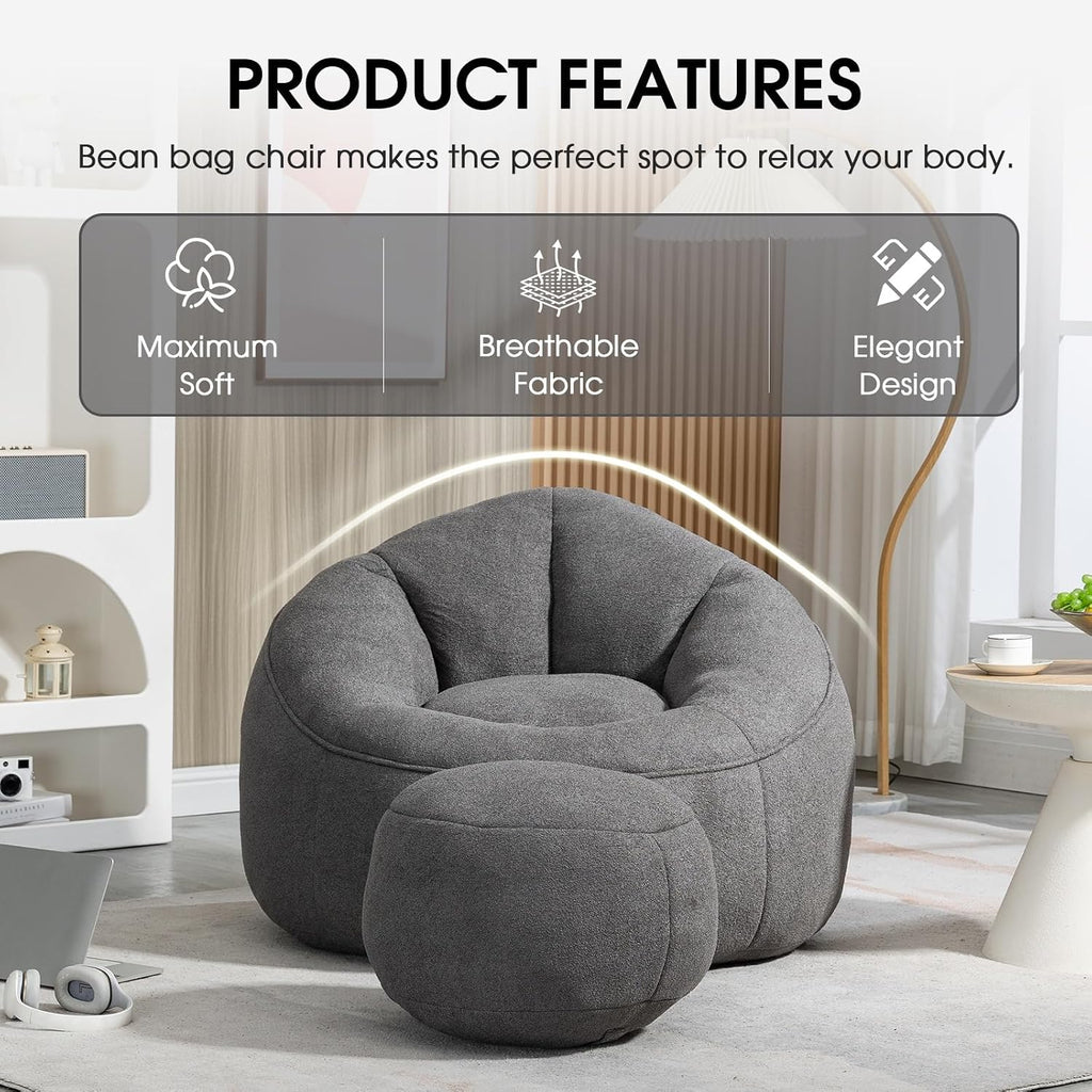 Bean Bag Chair for Adult, Microfiber Upholstered Bean Bag Sofa with Petal Back, Shell-Shaped Beanbag Chair with Footstool, Memory Foam Stuffed Lazy Sofa for Living Room, Bedroom (Grey)