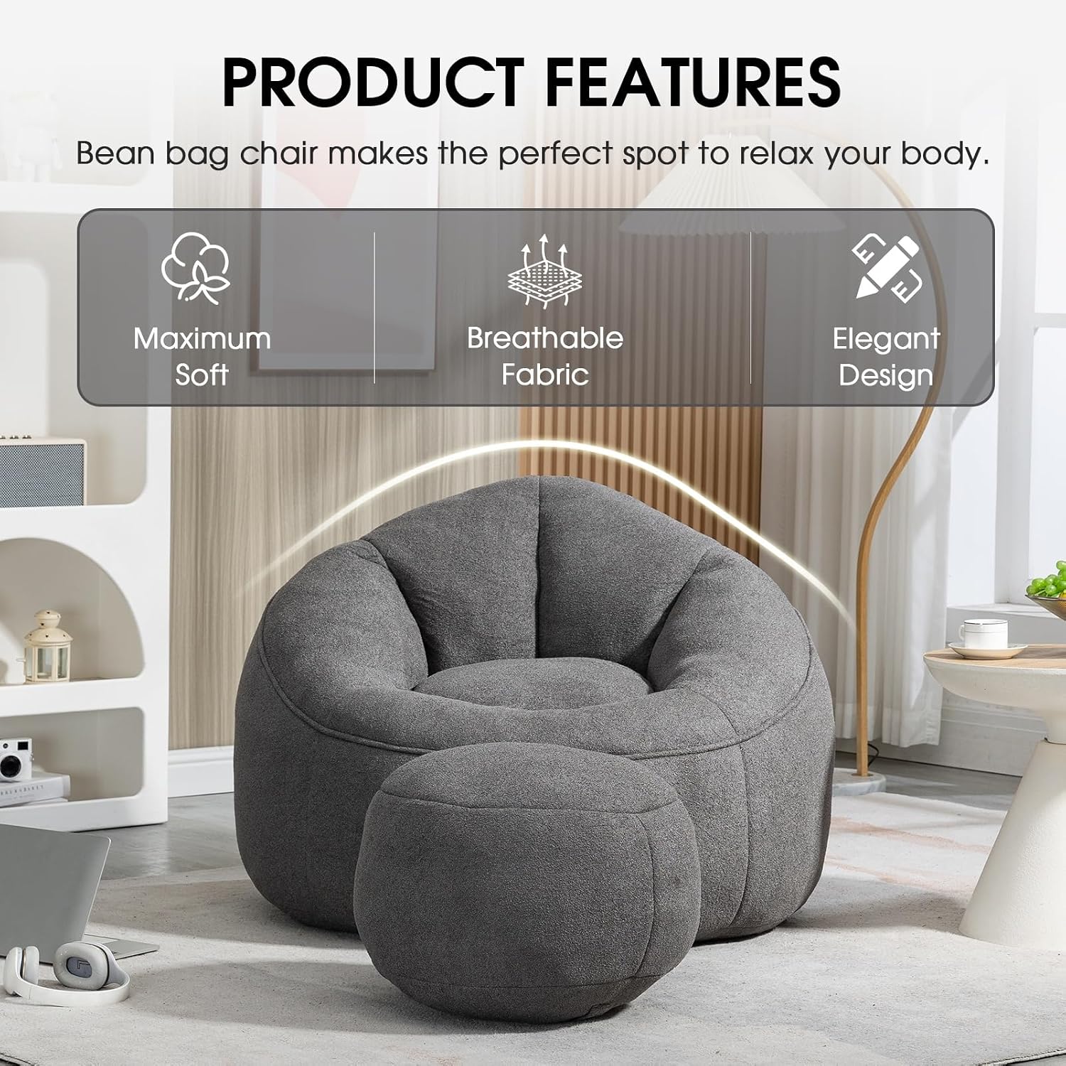 Bean Bag Chair for Adult, Microfiber Upholstered Bean Bag Sofa with Petal Back, Shell-Shaped Beanbag Chair with Footstool, Memory Foam Stuffed Lazy Sofa for Living Room, Bedroom (Grey)