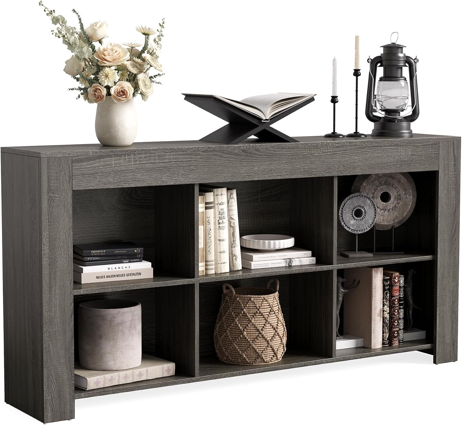 LITTLE TREE Console Table with Storage, 63-Inch Long Sofa Table, Entryway Table with Cubes, Farmhouse Storage Shelves for Entryway, Living Room, Grey + Black