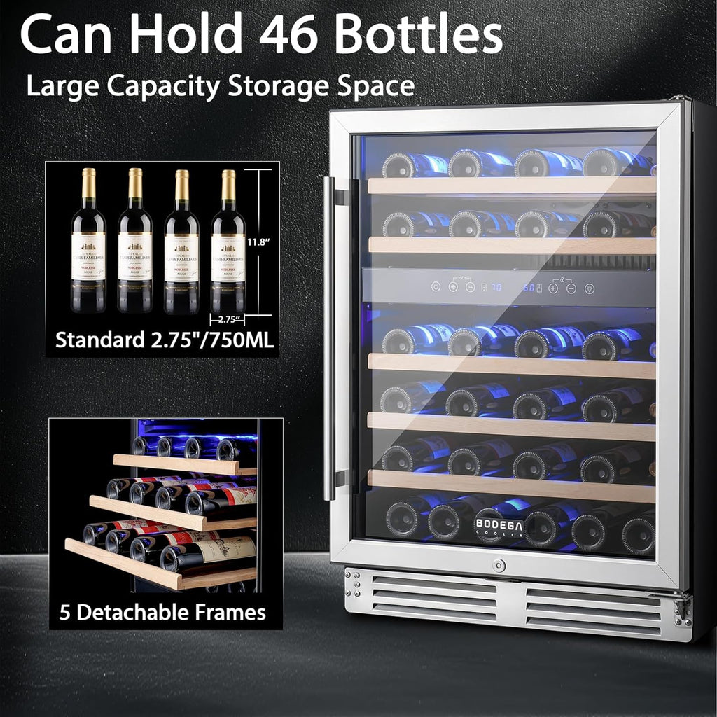 BODEGA 24 inch Wine Cooler, 46 Bottle, Under Counter Wine Cooler 24'' with Adjustable Shelves, Built-in Wine Refrigerators Free standing, Energy Efficient, Dual Zone Wine Fridge for Home Bar Office.