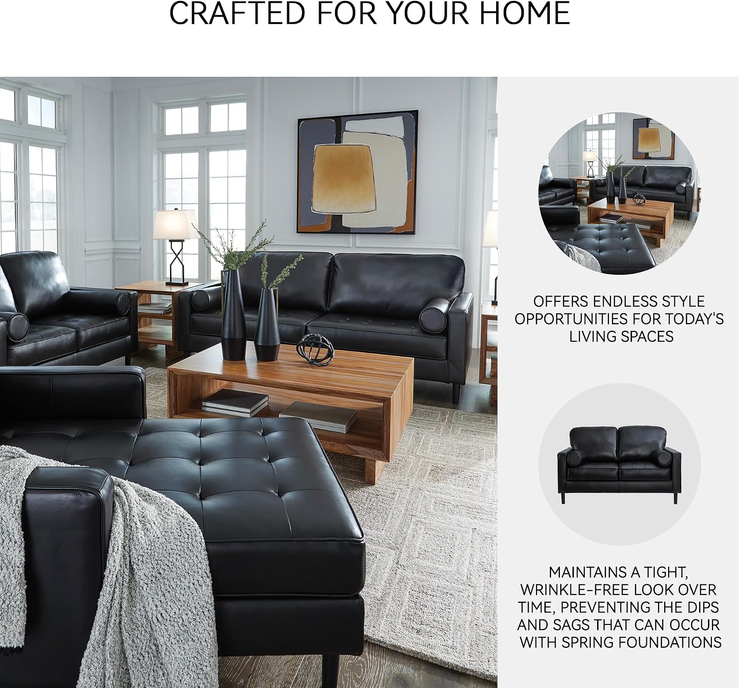 Signature Design by Ashley Bryceview Mid-Century Leather Match Tufted Loveseat with 2 Bolster Pillows, Black