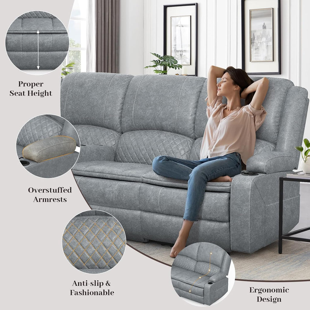 Yolsali 3-Seater Recliner Sofa, Manual Reclining Couch with Multi-Functional Middle Seat, Reclining Sofa for Living Room with Hidden Storage Space, Cup Holders, and Removable Console