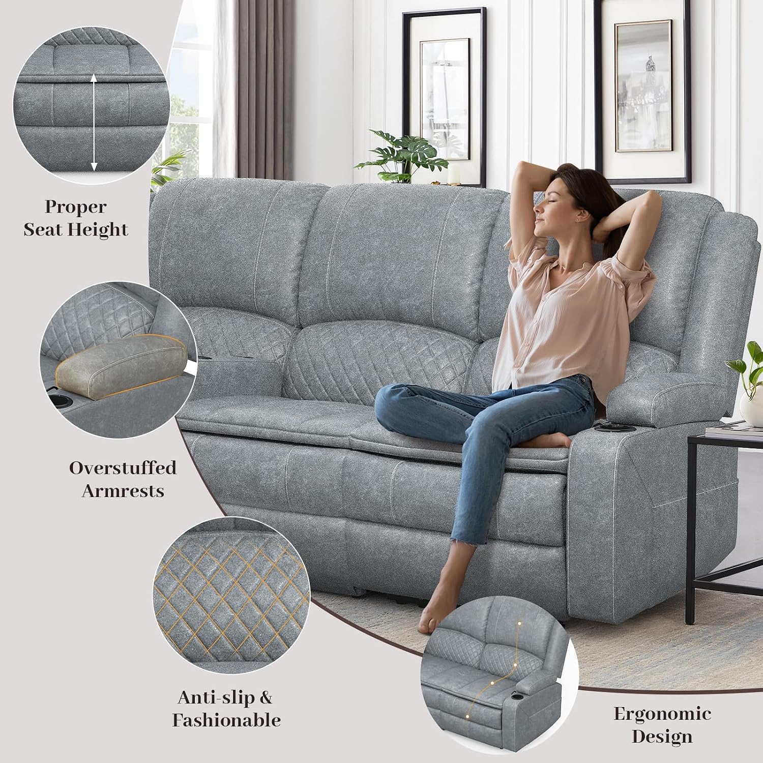 Yolsali 3-Seater Recliner Sofa, Manual Reclining Couch with Multi-Functional Middle Seat, Reclining Sofa for Living Room with Hidden Storage Space, Cup Holders, and Removable Console
