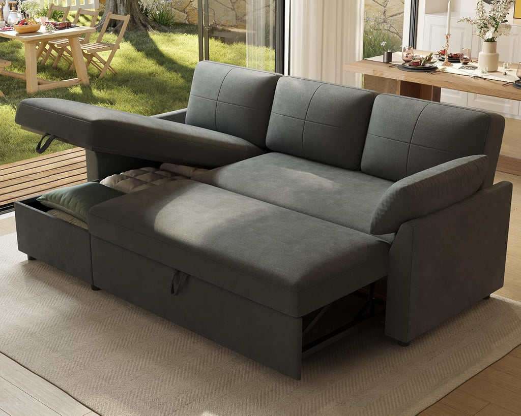 AMERLIFE Sleeper Sofa, 2-in-1 Sofa Bed with Storage Chaise, Pull Out Sofa Couch for Living Room, Guest Room, Linen Grey