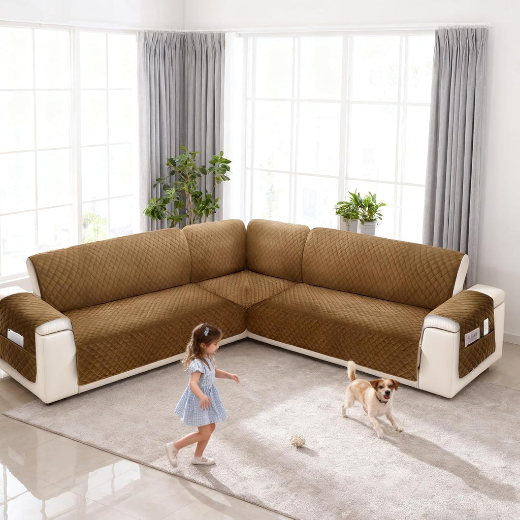 Sectional Couch Covers for Dogs 100% Waterproof Corner L Shaped Sofa Cover Pet Friendly Velvet Washable Anti Slip L Shape Modular Sofa Slipcover Protector with Pockets (Camel, X-Large)
