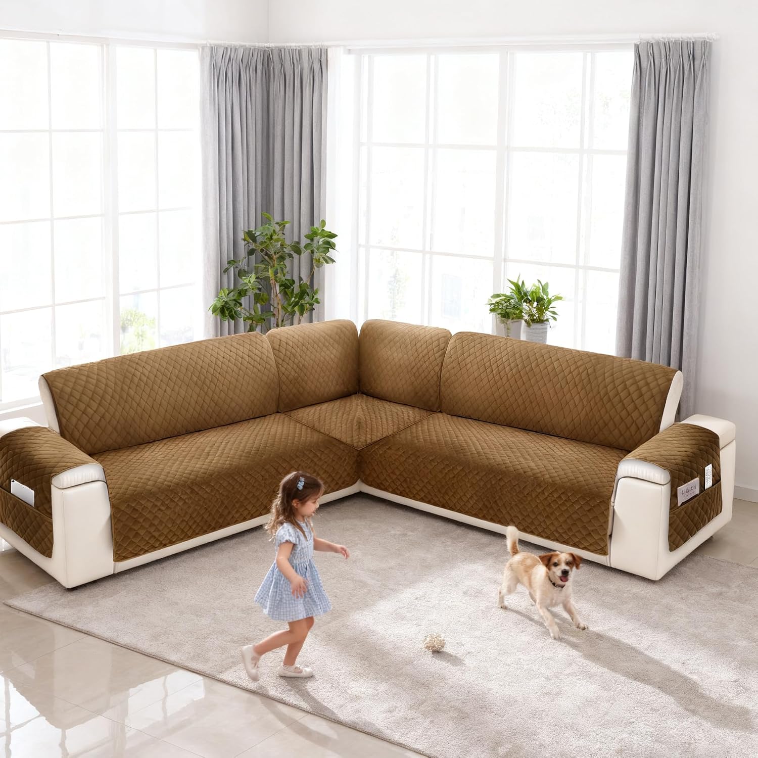 Sectional Couch Covers for Dogs 100% Waterproof Corner L Shaped Sofa Cover Pet Friendly Velvet Washable Anti Slip L Shape Modular Sofa Slipcover Protector with Pockets (Camel, X-Large)