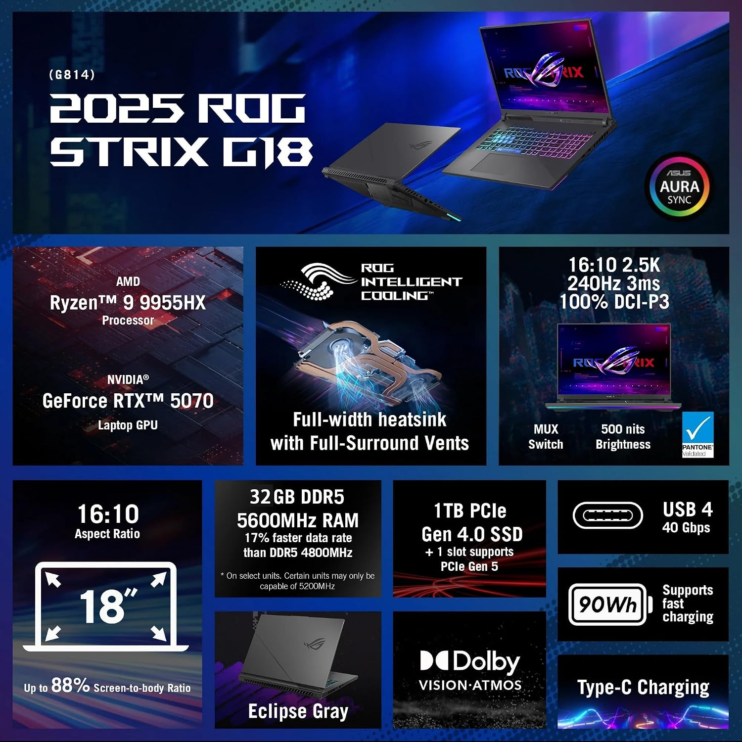 ASUS ROG Strix G18 Gaming Laptop, 18 inch 2.5K (2560x1600, WQXGA) 16:10 Display, AMD 16core Ryzen 9 9955HX, RTX5070, 32GB DDR5 RAM 1TB SSD, WiFi6E, Backlit KB, Win11, Eclipse Gray, w/Mouse, W/GaLiMu
