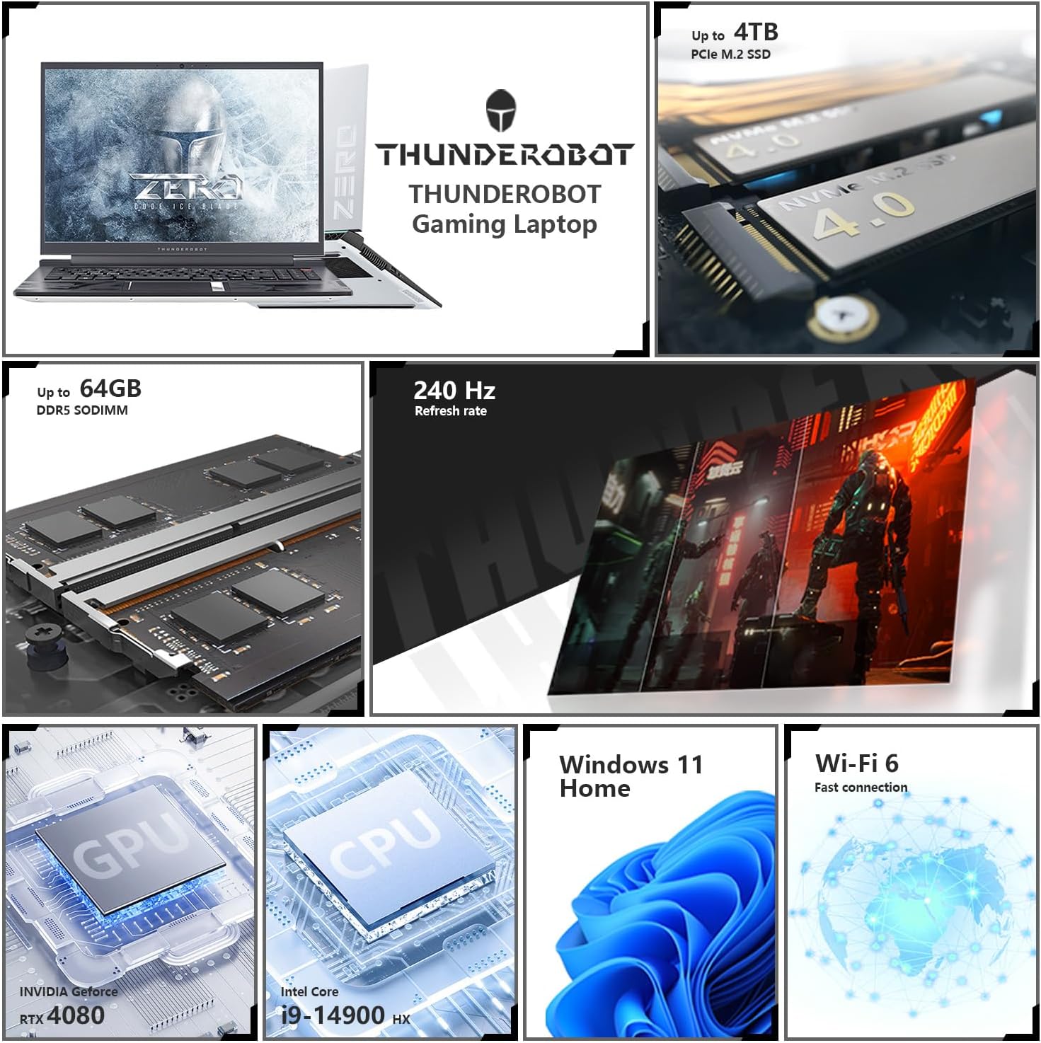 Thunderobot Zero 16 Gaming Laptop i9-14900HX RTX 4080, 16' QHD+ 240Hz 2.5K Display, 64GB DDR5 RAM, 2TB SSD, RGB Backlit KB, Wi-Fi 6, Windows 11 Home White