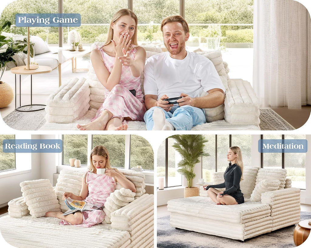 VanAcc 58 Inch Chaise Lounge Indoor, Plush Sleeper Chair with Throw Pillows, Upholstered Sofa Bed with Armrests, Plush Chair Bed for Living Room(Creamy White)