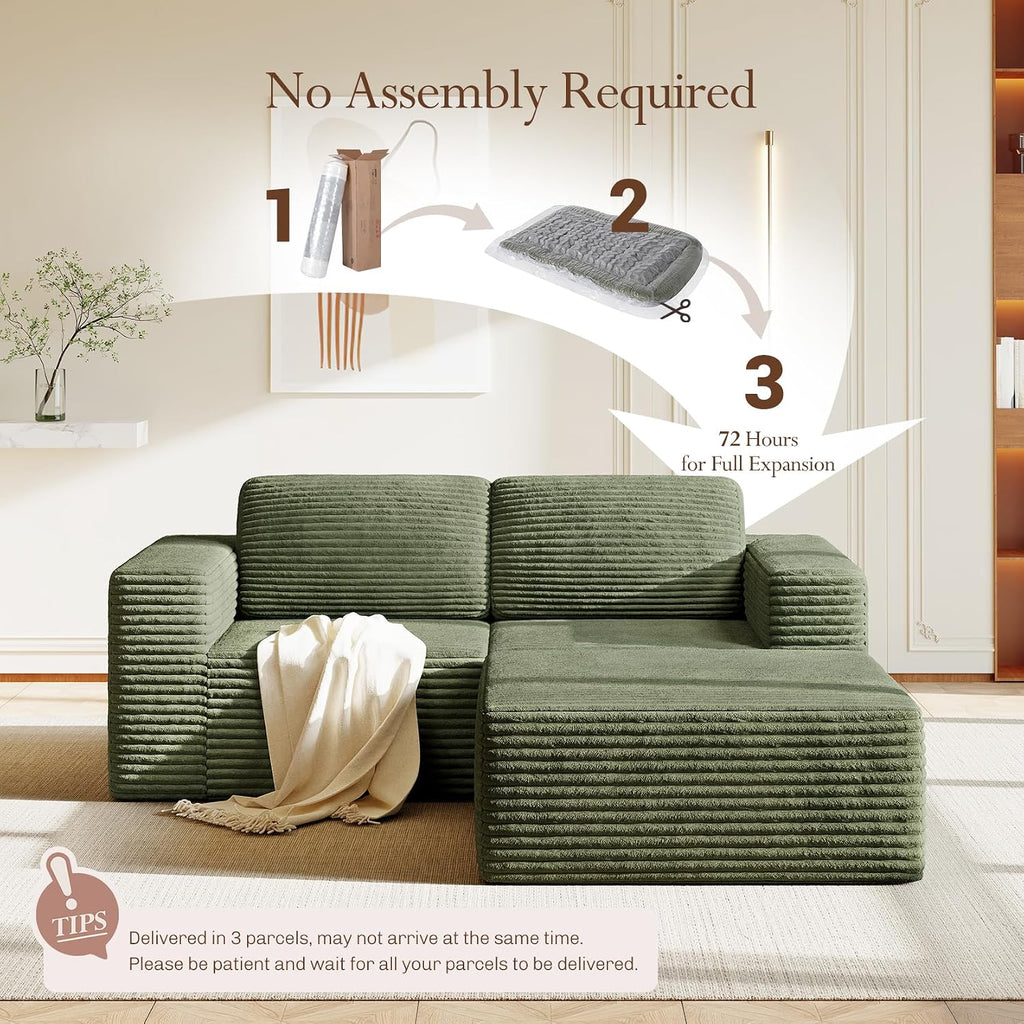 Vesgantti 80' Modular Sectional Sofa, Corduroy Cloud Couch with Deep Seats & Spring Support, Compact 2 Seater Boneless Couch, L-Shaped Modular Sofa for Small Spaces, Apartments, No Assembly, Green