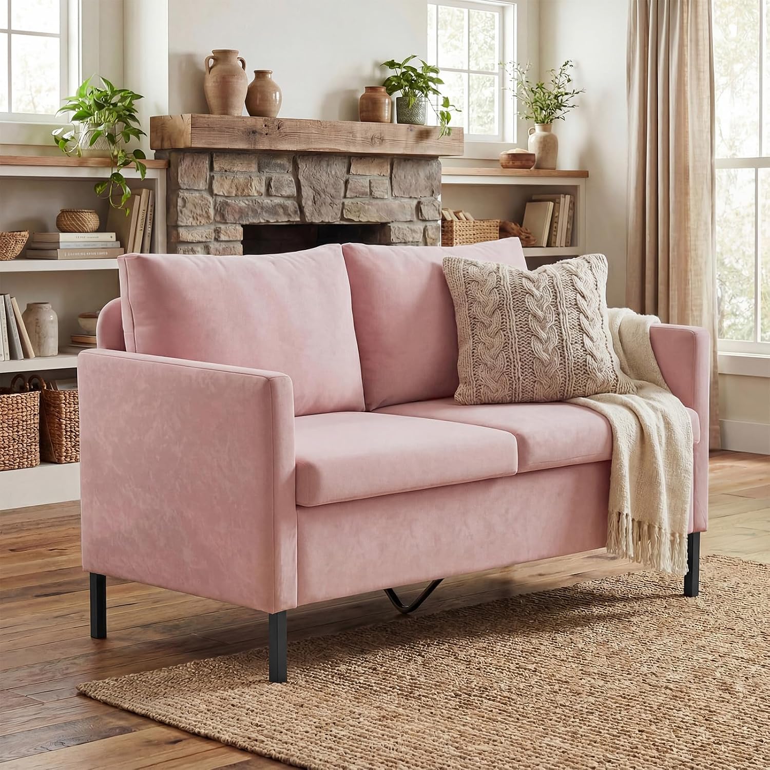 TYBOATLE Love Seat Mid Century Modern Small Loveseat for Living Room, 51' W Mini Little Upholstered 2-Seater Love Seats w/Iron Legs for Compact Small Space, Apartment, Bedroom, Dorm, Office (Pink)