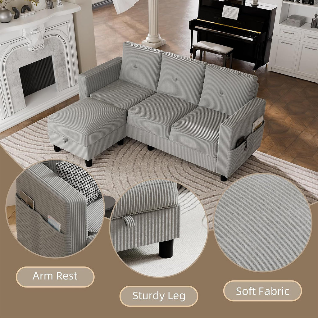Convertible Sectional Sofa with Storage Ottoman, 77' L-Shaped 3-Seat Couch with Skin-Friendly Corduroy Fabric, Reversible Small Sectional for Small Space, Apartment, Living Room and Office (Grey)